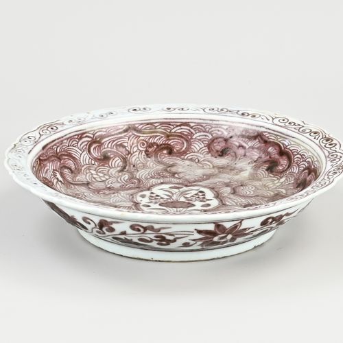 Null Assiette profonde en porcelaine chinoise à décor floral rouge oxyde + bord &hellip;