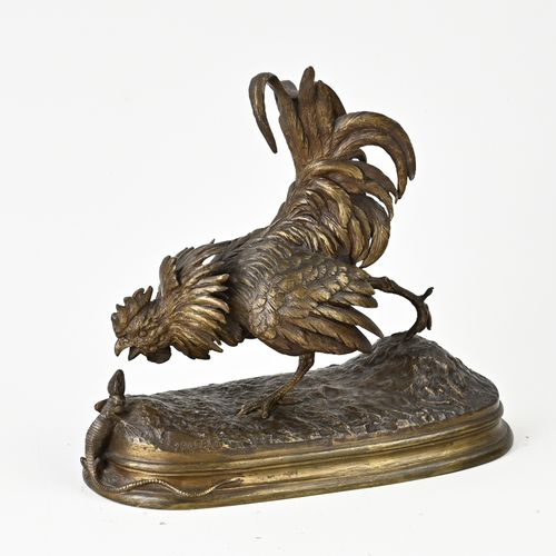 Null Antique French bronze figure. Rooster with lizard. By Ferdinand Pautrot. 18&hellip;