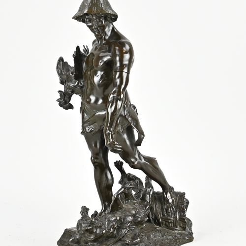 Null Antique French bronze figure. Man with rooster and wolf. By Auguste de Weve&hellip;