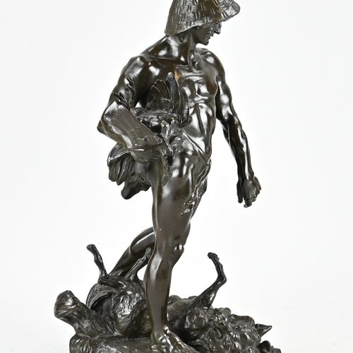 Null Antike französische Bronzefigur. Mann mit Hahn und Wolf. Von Auguste de Wev&hellip;