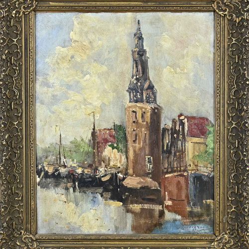 Null Attributed to Jan Kelderman. 1914 - 1990. Cityscape of Amsterdam. Oil on ca&hellip;