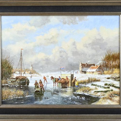 Null 阿尔伯特-滕平。1942 -.20世纪下半叶。荷兰冬季景色与冰雪乐趣。亚麻布上的油画。尺寸：高30 x 宽40厘米。状况良好。