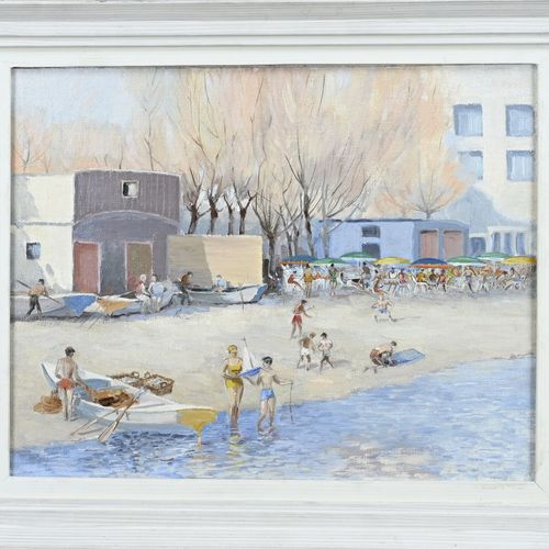 Null Unsigned. 20th century. Beach scene with figures. Oil on board. Dimensions:&hellip;