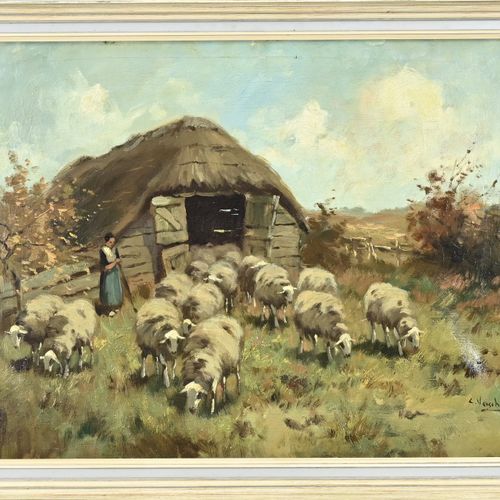 Null C. Verschuur. 1888 - 1966. Mouton venant avec bergère. Huile sur toile. Dim&hellip;