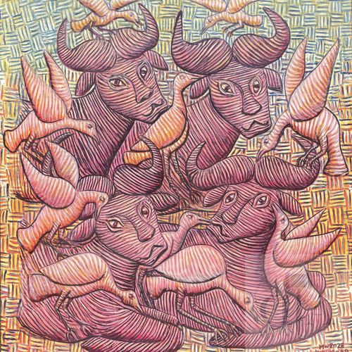 Obra original/Mwenze Kibwanga. Óleo sobre lienzo que representa búfalos y pájaro&hellip;
