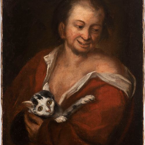 Spanish Master 17TH century, Portrait of Man with Cat Against a dark background &hellip;
