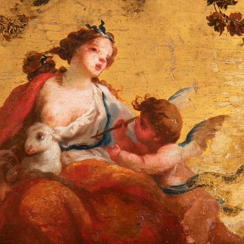 French painter 18th century, Pair of paintings, Venus and Cupid Deux panneaux en&hellip;