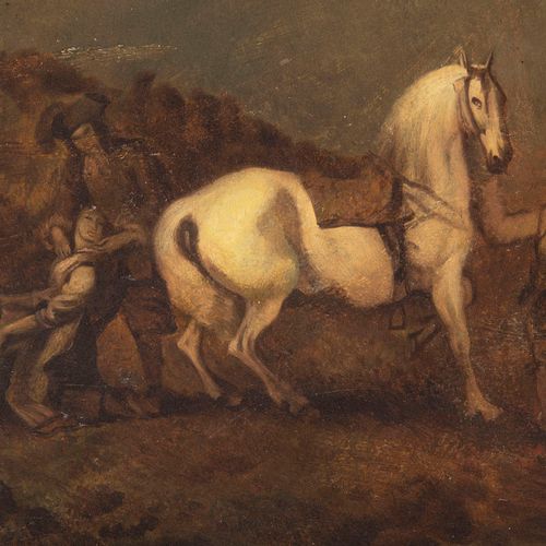 19th century painter, Assault on Travelers 袭击一对骑马的旅行者的戏剧性场景。在左边，一个跪着的女人即将被戴着帽子的强&hellip;