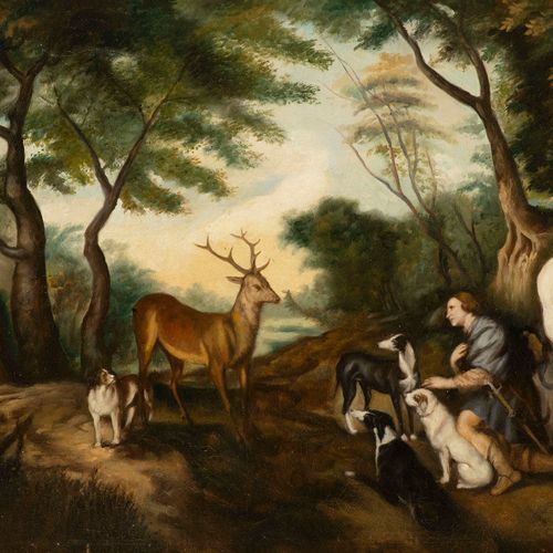 19th century painter, Hubertus with Animals Hubertus con animales

Óleo sobre li&hellip;