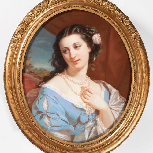 Virginie Fagard, 19th century, Portrait of Young Woman with Pearl Necklace Ritra&hellip;