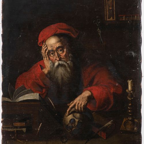 Dutch Master of the 17th Century, St. Jerome in his Study 忧郁的圣人在一张桌子上，桌子上有一张阅读桌，&hellip;