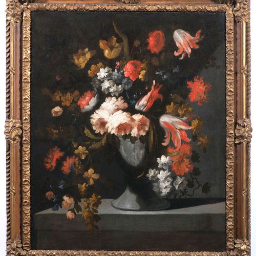 18th Century Italian School, Floral Still Life Sobre una gran losa de piedra gri&hellip;