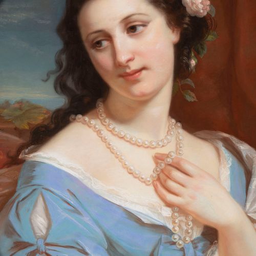 Virginie Fagard, 19th century, Portrait of Young Woman with Pearl Necklace 19th &hellip;