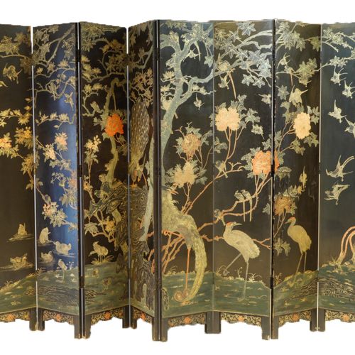 中国，19世纪末，大型八叶漆木屏风，有孔雀和鸟类204.5 x 304厘米（每叶38厘米）。磨损：缺乏和电梯