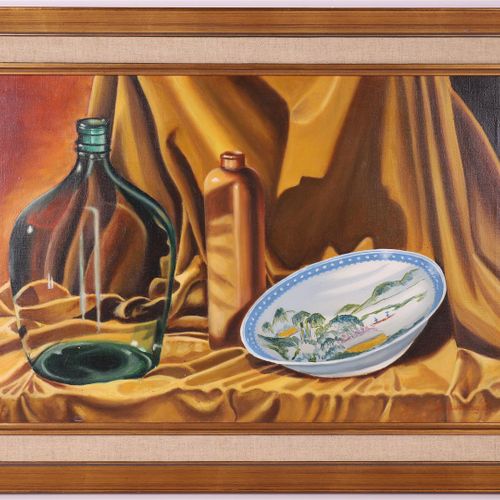 Null Luining, Joop (Laren 1935-) 'Natura morta piatto cinese e vaso',