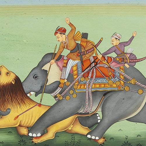PERSISCHE - INDISCHE MINIATUREN 波斯 - 印度迷你画 猎狮。 在不透明的颜色中用金色和白色加高的微型画，红底边线，波斯人，约18&hellip;