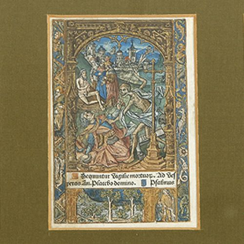 Miniaturen 小型圣经场景和两张印有花卉和图画边框的小时书的文本叶。 3对开。金属雕刻，在牛皮纸上，约1540年。 正面和背面的边框由各种图案组成，有黑&hellip;