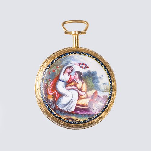 A Spindle Pocket Watch with fine Painting. Early 19th cent. Unmarked. Gilded Let&hellip;