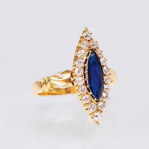 An Antique Russian Diamond Sapphire Ring. St. Petersburg, Anfang 20. Jh. 14 ct. &hellip;