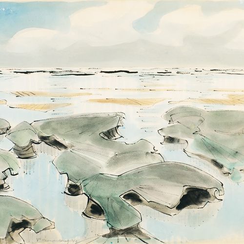 Fritz Kronenberg (Köln 1901 - Hamburg 1960). Mudlands off Sylt. 水彩画在笔墨画上，39.5 x &hellip;