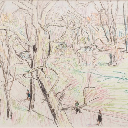 Ivo Hauptmann (Erkner 1886 - Hamburg 1973). Park. 彩色铅笔画，55 x 72厘米，有签名和日期。伊沃-哈普特曼&hellip;
