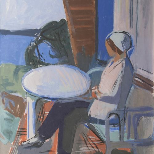 Erich Hartmann (Elberfeld 1886 - Hamburg 1974). On the Terrace. 钢笔画，90 x 70厘米，玻璃&hellip;