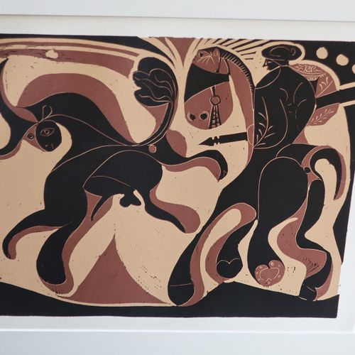 Null 巴勃罗-毕加索（1881-1973）《斗牛士和逃跑的公牛》，彩色线刻，Hatje-Verlag 1963年，约30x36厘米，未装裱。