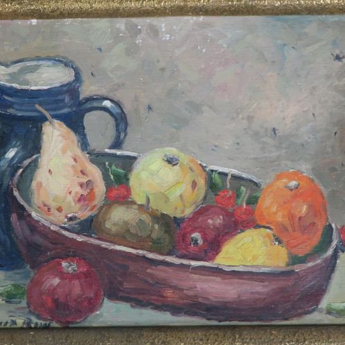 Null René Boreux "Fruit still life with jug",oil on wood,signed,ca.24x29,5cm