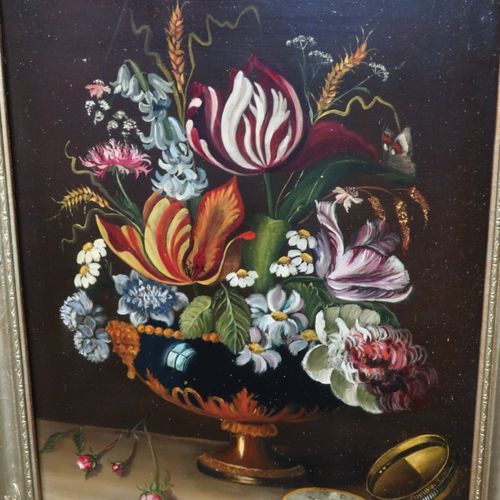 Null "花卉静物"，木板油画，署名阿德勒，约38x28厘米