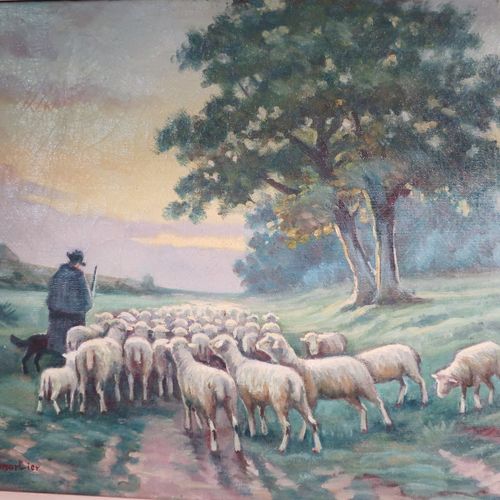 Null "牧羊人和他的羊"，木板油画，已签名，约40x50厘米