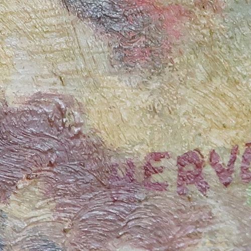 Null "岩石景观"，木板油画，署名Hervey，约19x20cm