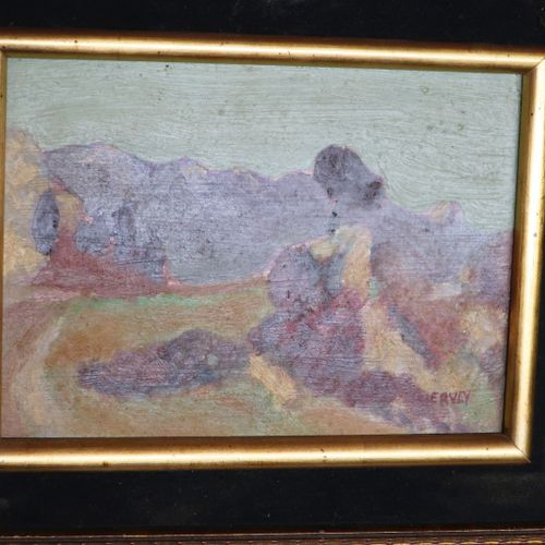 Null "Paysage rocheux",huile sur bois,signé Hervey,env.19x20cm