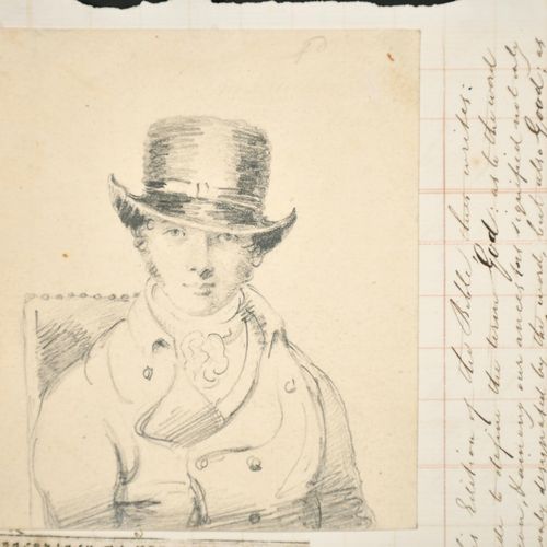 Null 归属于约书亚-雷诺兹（1723-1792）英国人。戴高帽的男人半身像，铅笔，未装裱 4.5" x 4" (11.4 x 10.2cm)
