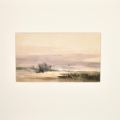 Null 理查德-帕克斯-博宁顿（1802-1828）英国人的圈子。有船的人物的河边风景，水彩画，装裱，无画框 4" x 6.75" (10.2 x 17.2c&hellip;