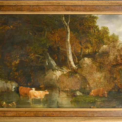 Null 托马斯-庚斯博罗(1727-1788)的圈子 英国。林间河流风景中的牛，木板油画，21" x 28.25" (53.3 x 71.7cm)