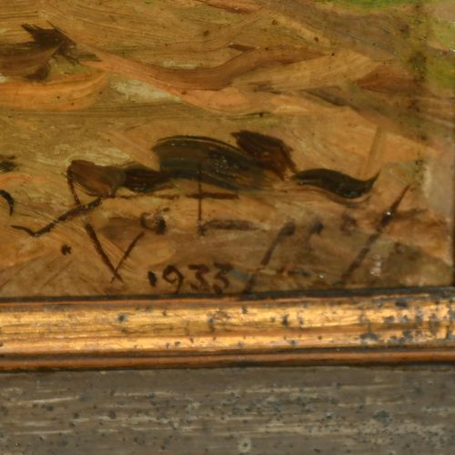 Null 20世纪初的法国学校。河边小屋，木板油画，模糊的签名和日期是1933年，背面有铅笔素描，9.5英寸x13.25英寸（24 x 34厘米）。