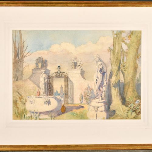 Null 阿尔弗雷德-查尔斯-康拉德（1863-1955）英国人。"雕像花园》，水彩和铅笔，用体彩加高，签名和题词，14.5" x 21" (36.8 x 53&hellip;