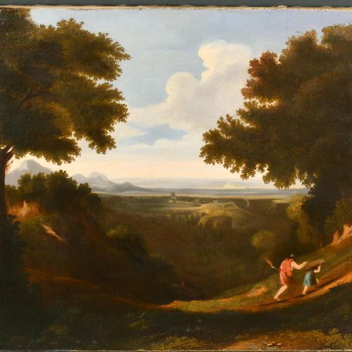 Null 尼古拉-普桑（1594-1665）法国人的方式。古典风景中的人物，油画，无画框 13" x 16.75" (33 x 42.6cm)