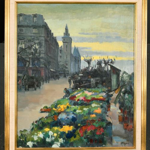 Null Vigon (20e siècle) Français. Un vendeur de fleurs, Huile sur toile, Signé, &hellip;