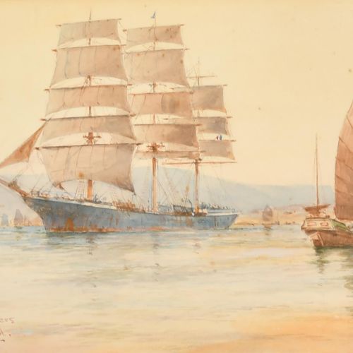 Null 威廉-明沙尔-伯查尔（1884-1941）英国人。"在中国水域"，水彩画，签名和题词，8" x 11.75" (20.3 x 29.8cm)