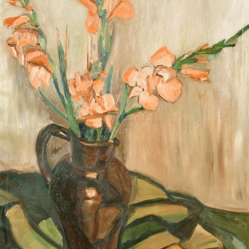 Null Late 19th Century French School. Still Life of Gladioli in a Brown Jug, Oil&hellip;