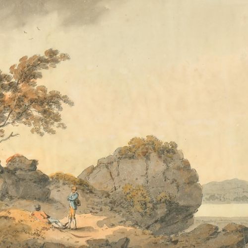 Null 保罗-桑德比（1725-1809）英国人。岩石上的年轻人，水彩画，7.5" x 10.5" (19 x 26.7cm)
