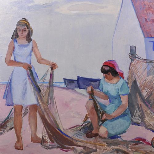 Null 维克多-费多罗维奇-瓦辛(1919-1997)俄罗斯人。"渔网"，两位女士在渔网上工作，油画，有西里尔语签名，背面有西里尔语签名和题词，39.5" x&hellip;