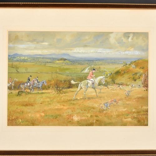Null Michael Lyne (1912-1989) Britannique. "Ledbury", scène de chasse, gouache, &hellip;