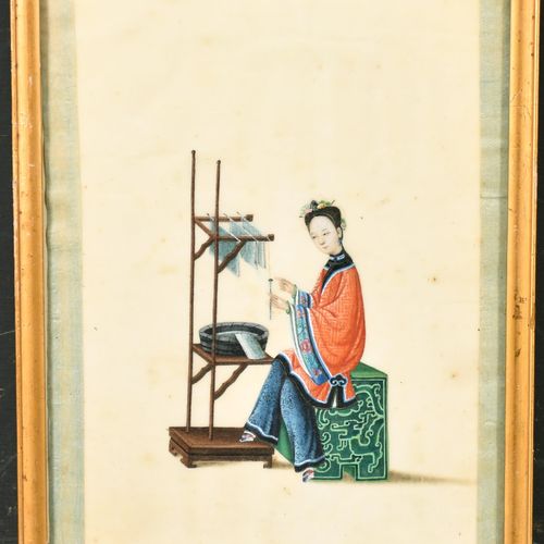 Null Scuola asiatica del XIX secolo. Una signora al telaio, acquerello su carta &hellip;
