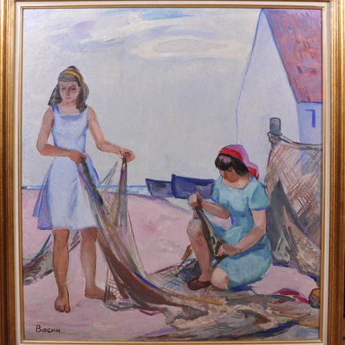 Null 维克多-费多罗维奇-瓦辛(1919-1997)俄罗斯人。"渔网"，两位女士在渔网上工作，油画，有西里尔语签名，背面有西里尔语签名和题词，39.5" x&hellip;