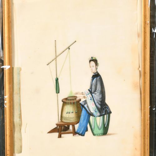 Null École asiatique du XIXe siècle. Une dame à son métier à tisser, aquarelle s&hellip;