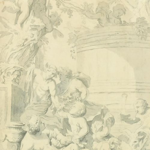 Null 18世纪末的欧洲画派。树周围的人物和小天使，铅笔，水彩和水洗，10" x 8" (25.4 x 20.3cm)，以及配套的作品，一对(2)