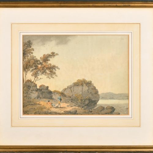 Null 保罗-桑德比（1725-1809）英国人。岩石上的年轻人，水彩画，7.5" x 10.5" (19 x 26.7cm)
