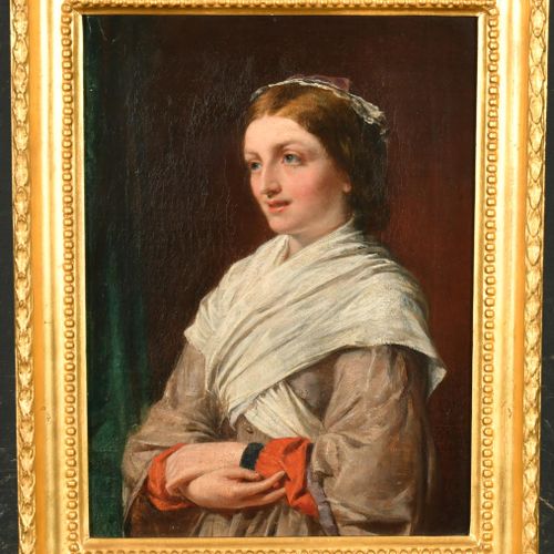 Null 威廉-梅-埃格利（1826-1916）英国人的圈子。一位年轻女士的半身像，布面油画，12.25" x 9" (31.8 x 22.8cm)